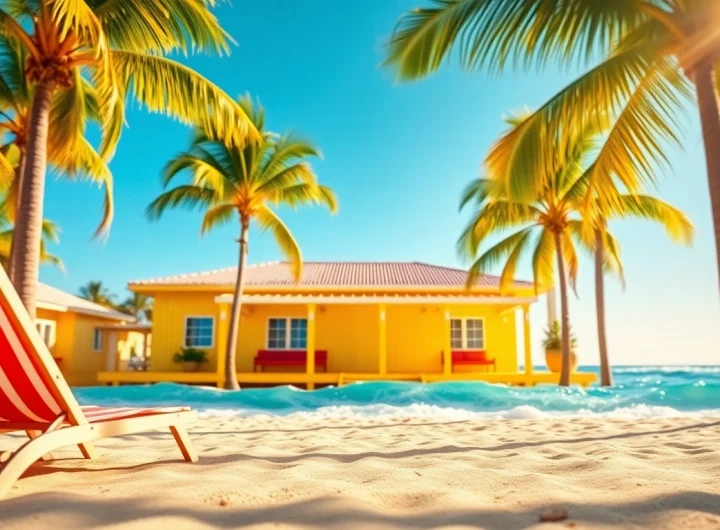 Coastal cabana with inviting beach ambience and palm trees, perfect for relaxation.