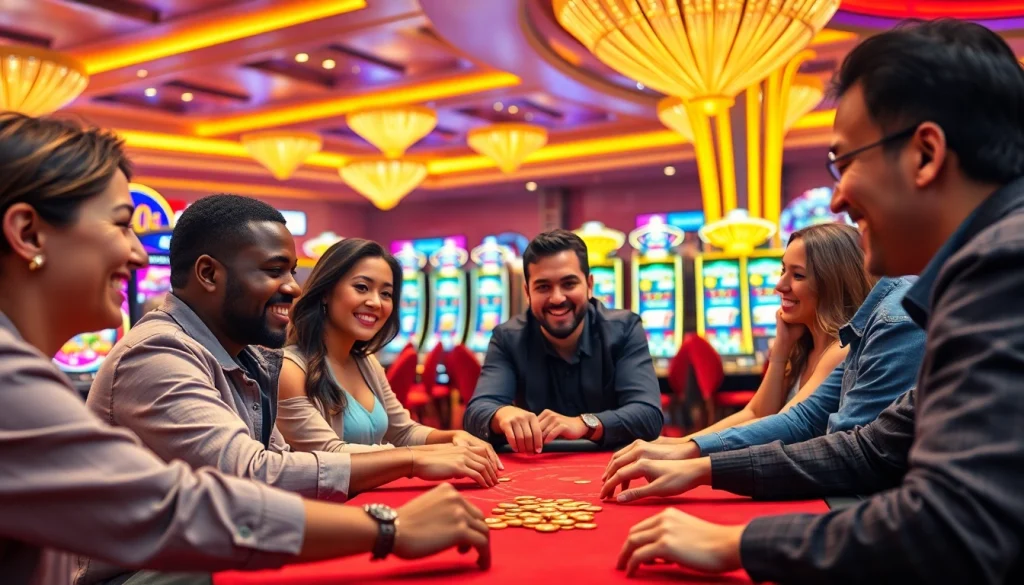 Mengamati kasinojitu resmi dengan pemain bahagia di meja permainan yang ramai.