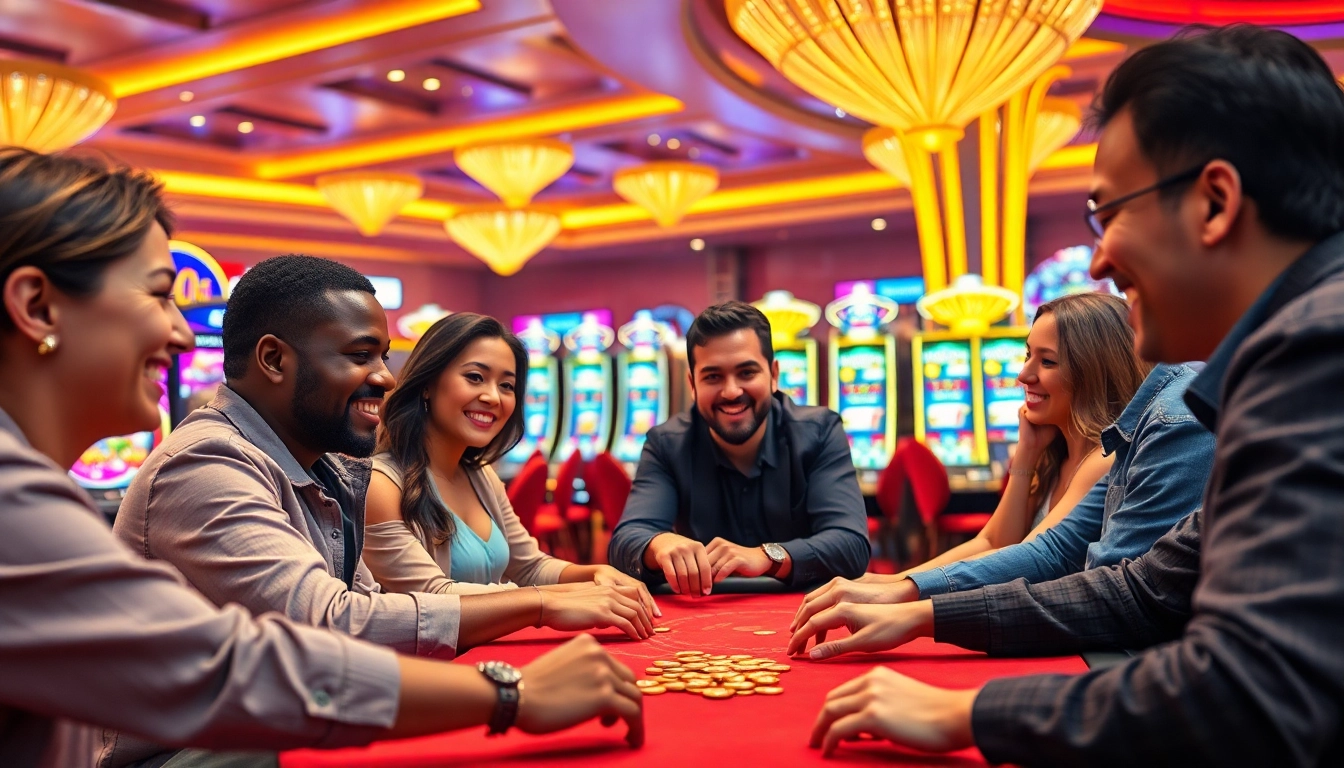 Mengamati kasinojitu resmi dengan pemain bahagia di meja permainan yang ramai.