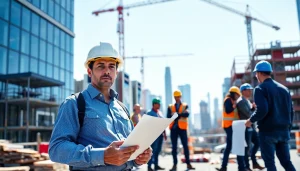 Manhattan Construction Manager supervising a dynamic urban construction site with a skyline backdrop.