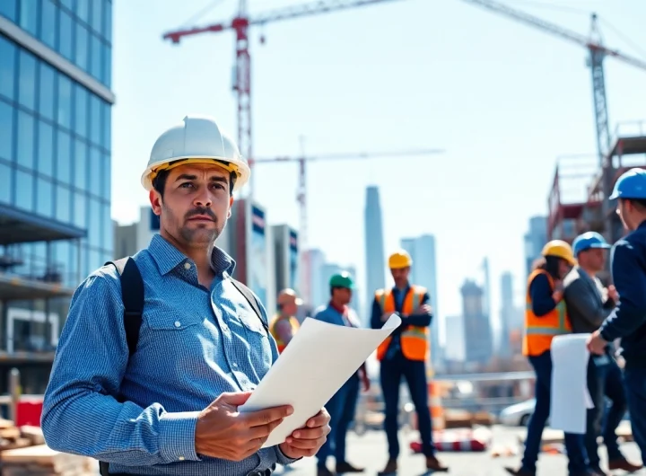Manhattan Construction Manager supervising a dynamic urban construction site with a skyline backdrop.