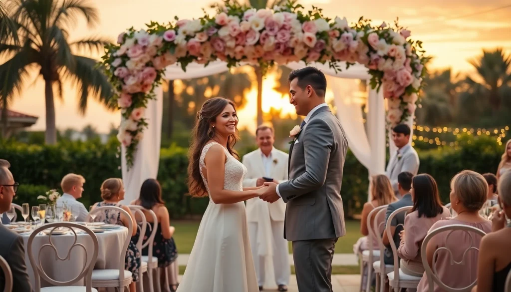 Wedding videographers in Tampa capture a romantic outdoor ceremony with a couple exchanging vows during sunset.