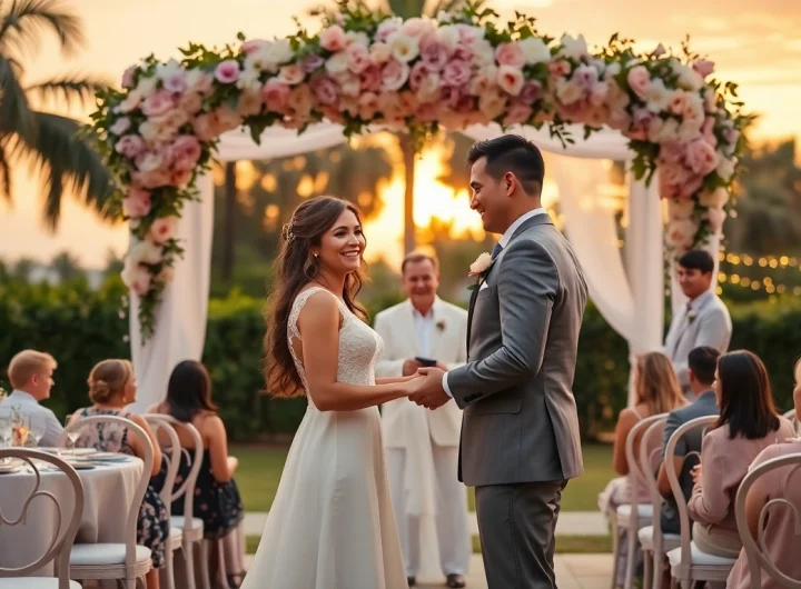 Wedding videographers in Tampa capture a romantic outdoor ceremony with a couple exchanging vows during sunset.