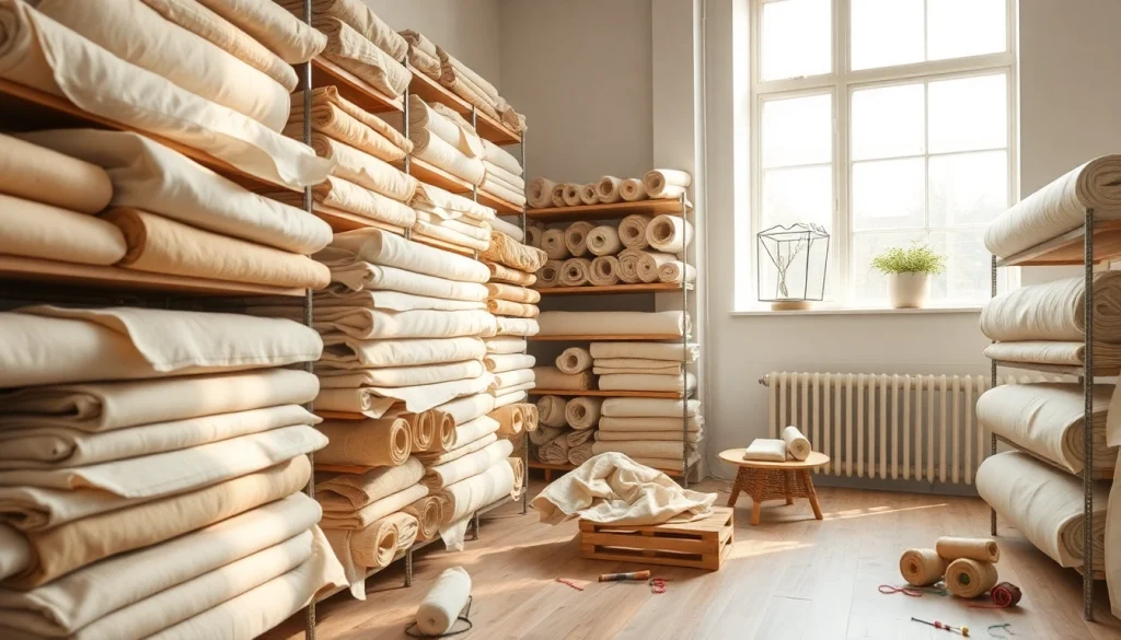 Ontdek ongebleekt katoen in een professionele stoffenstudio met diverse rollengroottes.