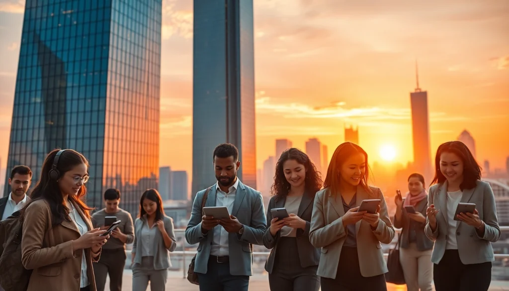 Highlighting Technology innovations in a vibrant urban environment with diverse people using devices.