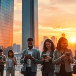 Highlighting Technology innovations in a vibrant urban environment with diverse people using devices.