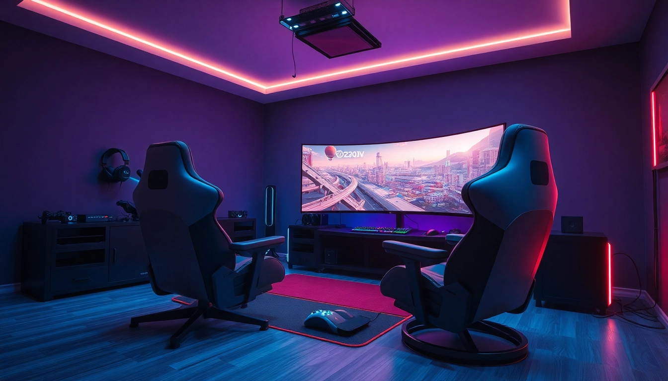 Menampilkan pengalaman bermain game luxury333 dengan kursi balap mewah dan perangkat canggih.