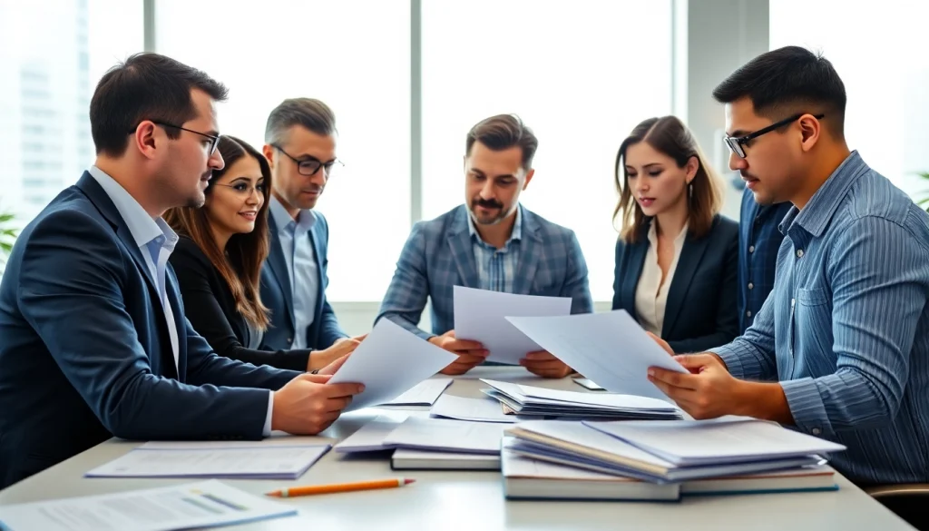 Engaged linguists collaborating at https://www.elitetranslingo.com in a bright modern office.