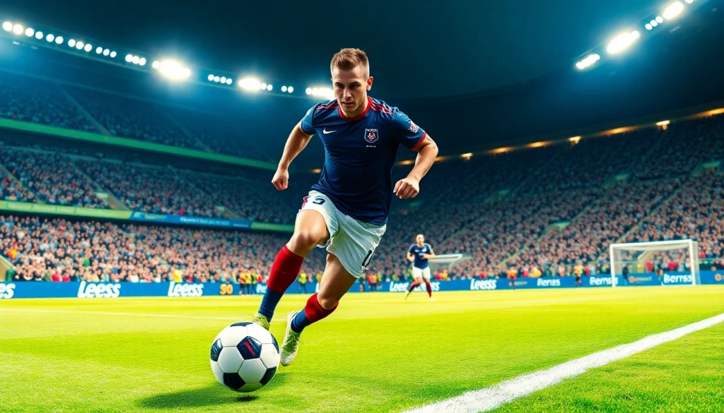 See Jude Bellingham showcasing his skills and talent on the field at https://diknews.co.uk/jude-bellingham/ in a vibrant stadium scene.