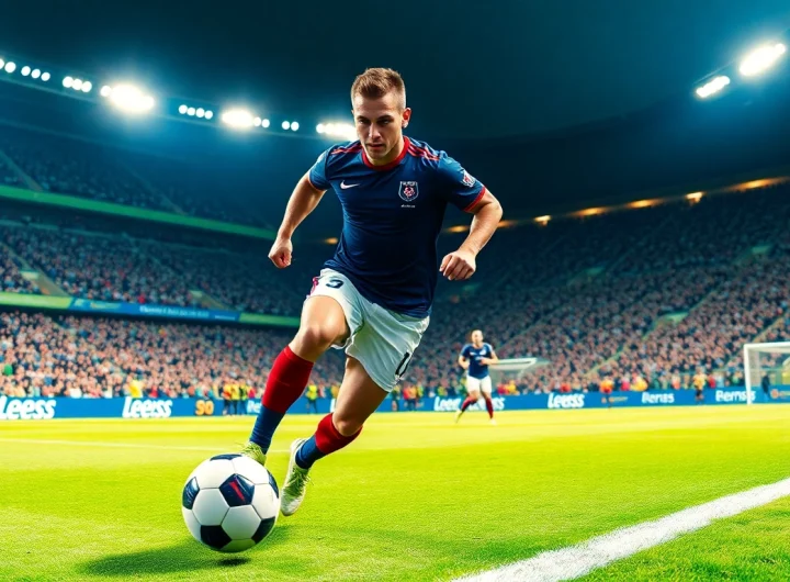 See Jude Bellingham showcasing his skills and talent on the field at https://diknews.co.uk/jude-bellingham/ in a vibrant stadium scene.