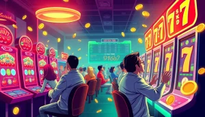 Menggambarkan link tank4d toto slot dengan pemain yang bersemangat di mesin slot digital.