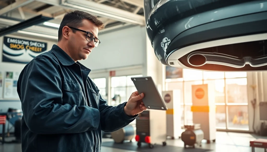 Performing Smog Check on a vehicle in a well-lit mechanic garage