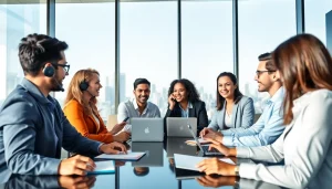 Team collaborating in a modern office, emphasizing uk voip provider capabilities.