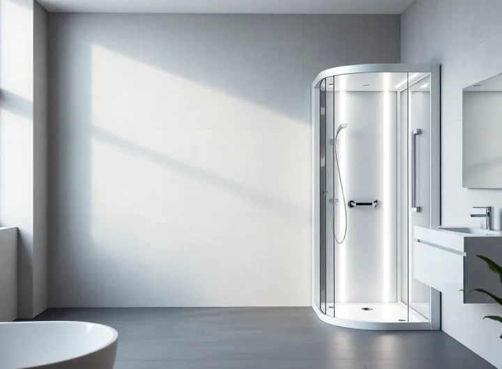 Admire la cabine de douche sirhona avec éclairage LED dans un cadre moderne et épuré.