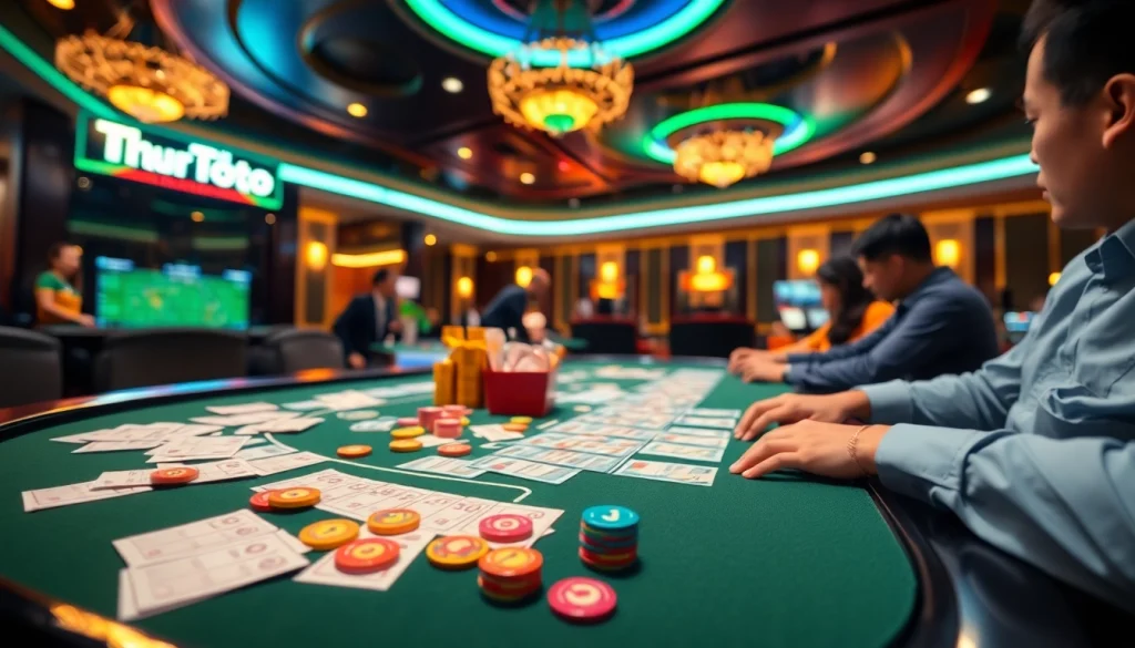 Menggambarkan suasana bandar toto yang energik dengan permainan lotere digital yang menarik.