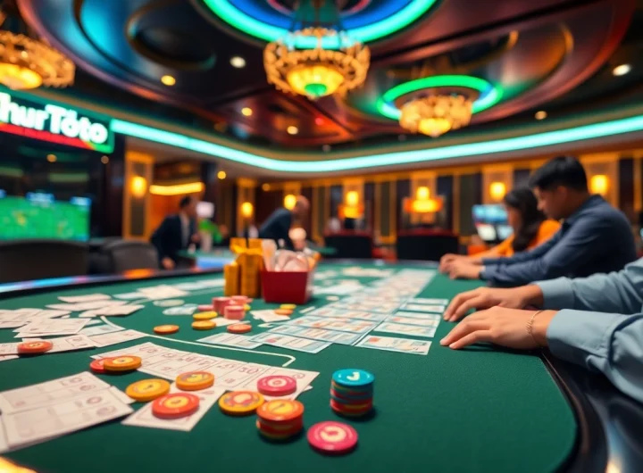 Menggambarkan suasana bandar toto yang energik dengan permainan lotere digital yang menarik.