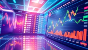 Display of trending coins listing with charts and analytics on a cryptocurrency trading platform.