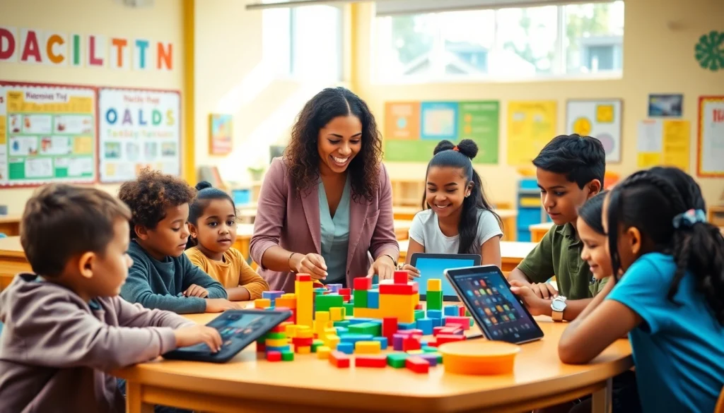 Engaging classroom setting focusing on Education with diverse students collaborating on projects.