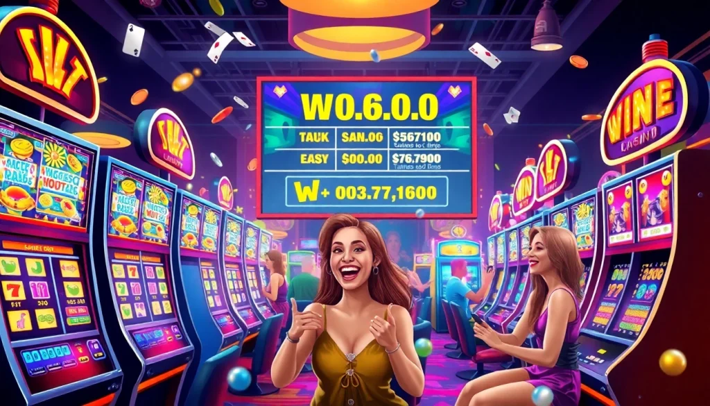 Permainan agen toto slot yang menarik dengan mesin slot berwarna-warni dan pemain bersenang-senang.