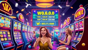 Permainan agen toto slot yang menarik dengan mesin slot berwarna-warni dan pemain bersenang-senang.