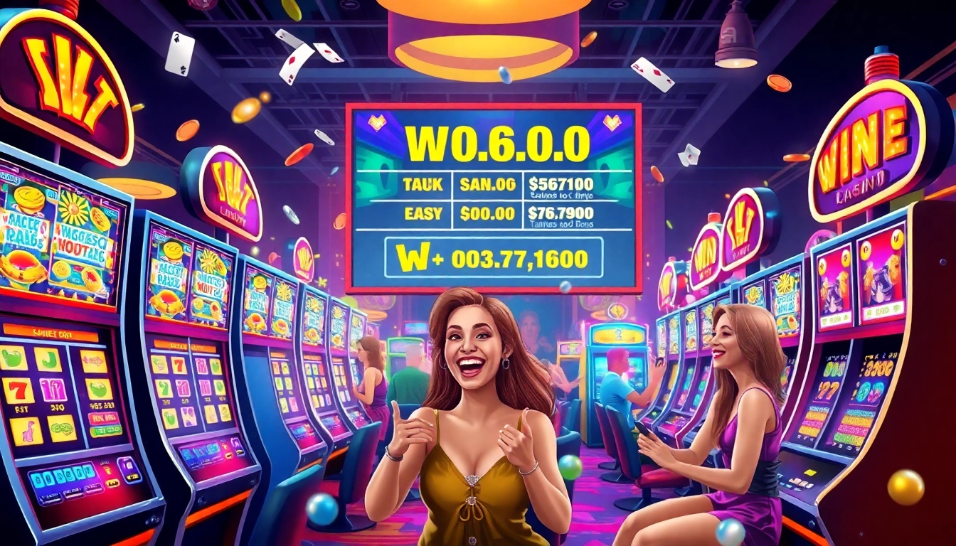 Permainan agen toto slot yang menarik dengan mesin slot berwarna-warni dan pemain bersenang-senang.