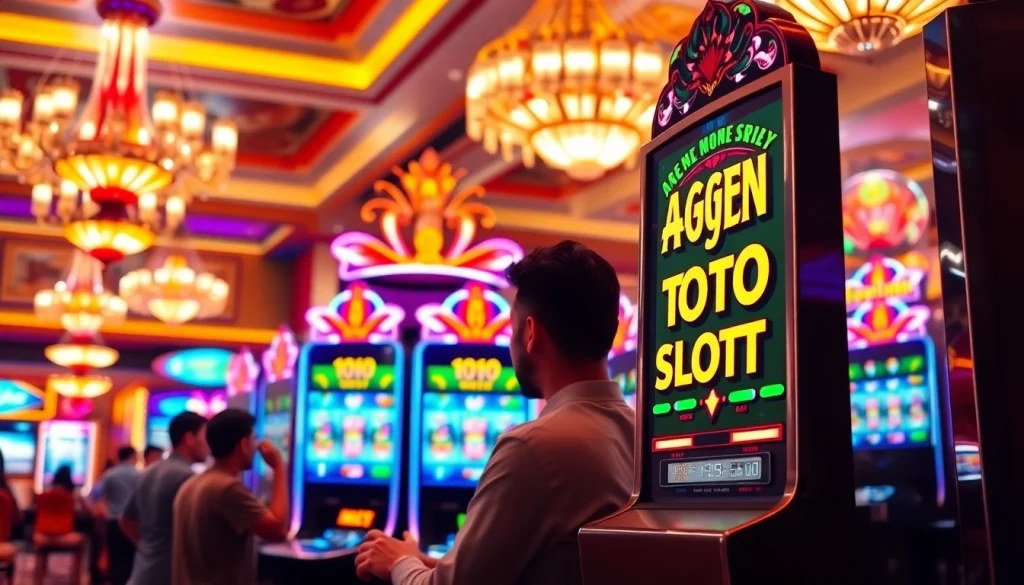 Mainan agen toto slot dengan grafis menarik dan pemain yang antusias di kasino yang mewah.