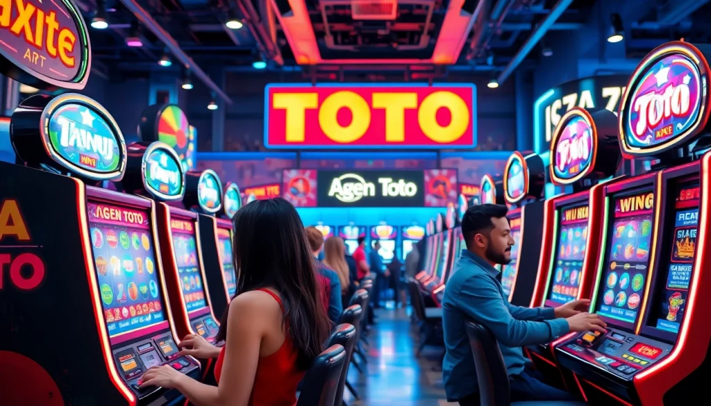 Menggambarkan pengalaman menyenangkan agen toto dengan pemain yang terlibat di mesin slot canggih.