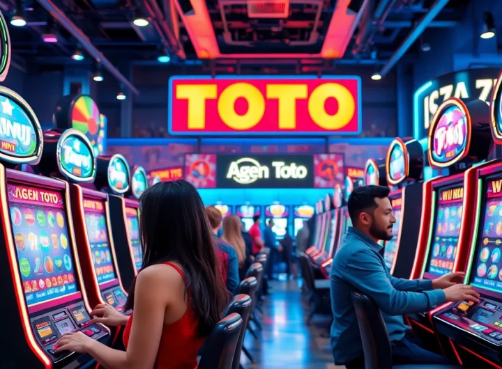 Menggambarkan pengalaman menyenangkan agen toto dengan pemain yang terlibat di mesin slot canggih.