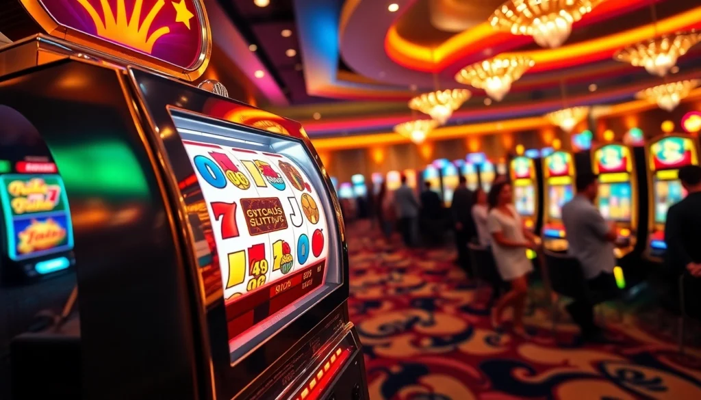 Menampilkan slot mesin dengan simbol yang berwarna-warni dan koin berkilau.