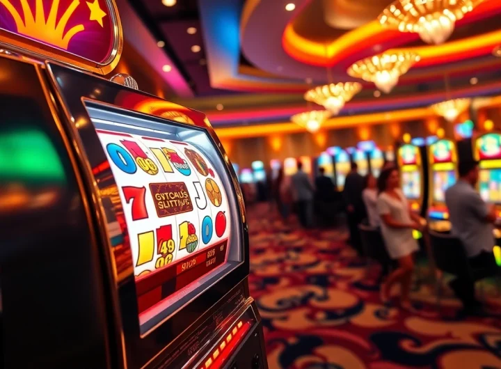 Menampilkan slot mesin dengan simbol yang berwarna-warni dan koin berkilau.