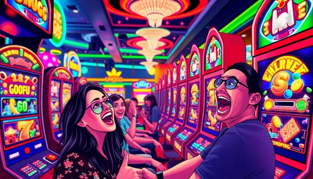 Permainan Unogg slot game yang menegangkan dengan pemain bersemangat di kasino.