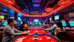 Menampilkan pemain terlibat dalam togel online di kasino yang ramai dan bercahaya