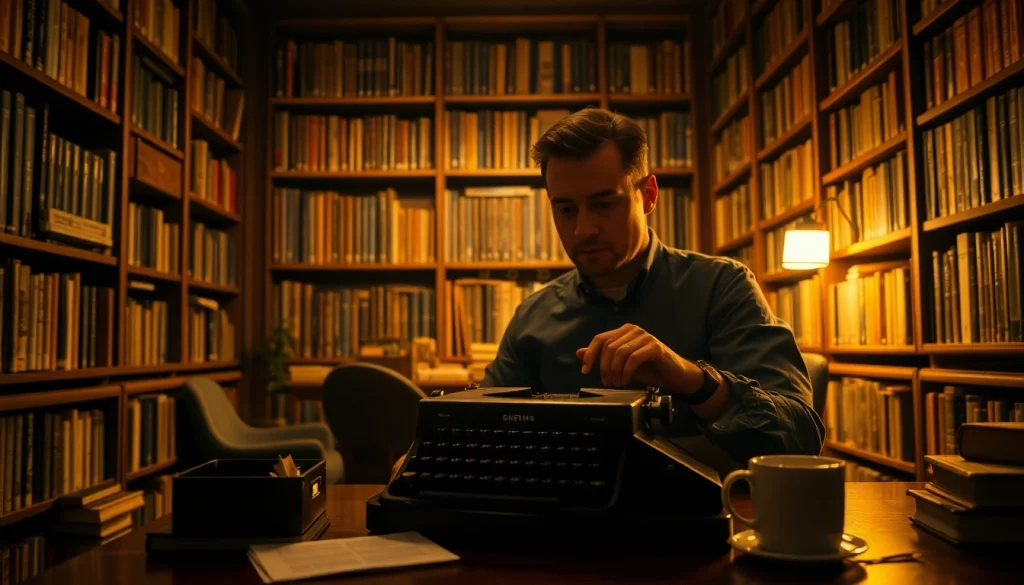 Thriller author engaging with a vintage typewriter in a cozy library setting.