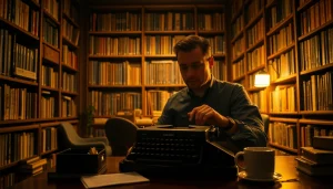 Thriller author engaging with a vintage typewriter in a cozy library setting.