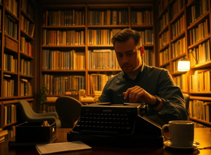Thriller author engaging with a vintage typewriter in a cozy library setting.