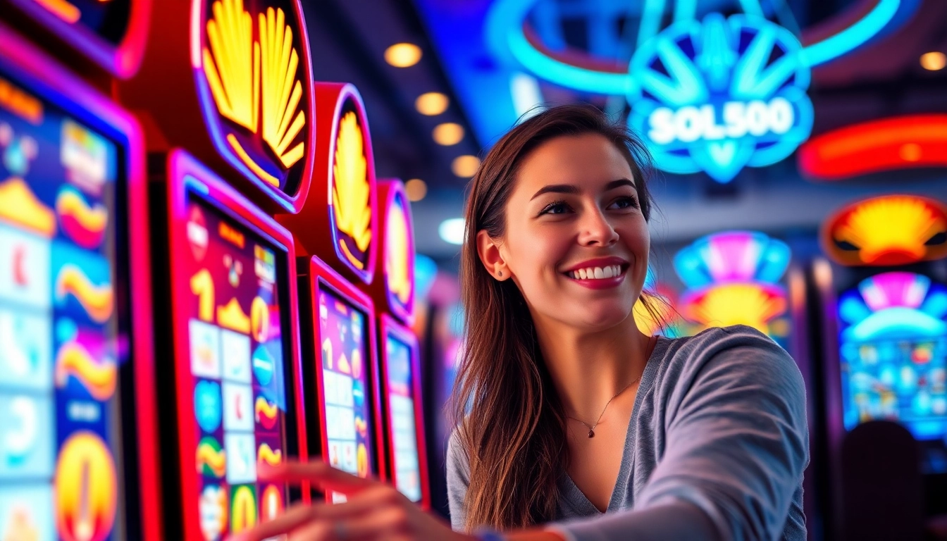 Menampilkan slot terpercaya dengan mesin slot berwarna-warni dan suasana kasino yang cerah.