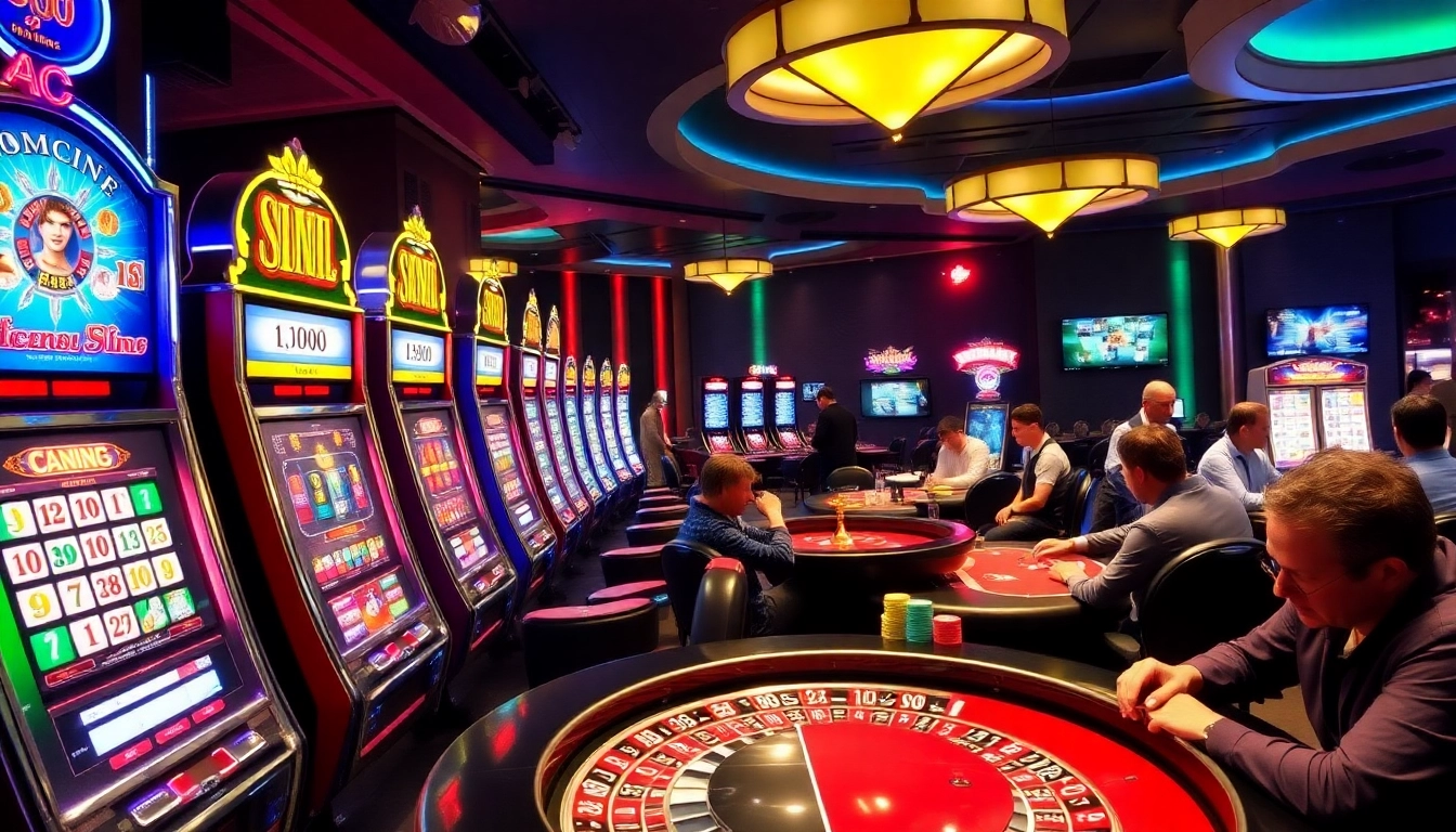 Vibrant online casino scene with KJC AC 2 highlighting slot machines, roulette wheel, and poker games.