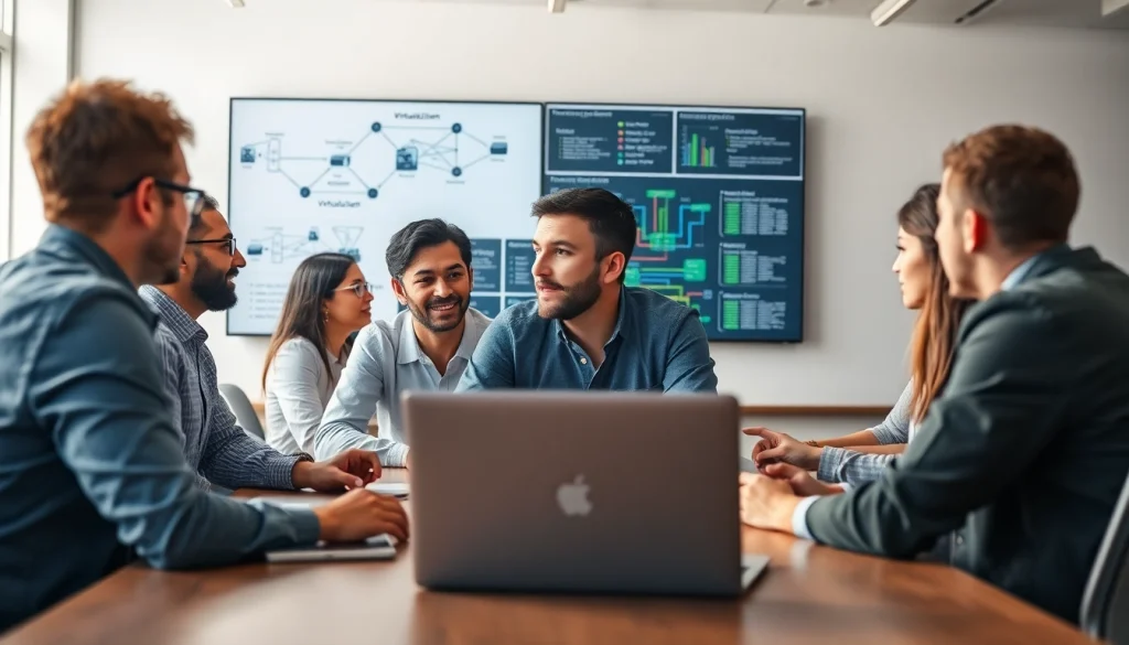 Proxmox Virtualization Experts collaborating on advanced virtualization solutions in a modern office.