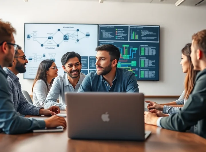 Proxmox Virtualization Experts collaborating on advanced virtualization solutions in a modern office.