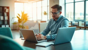 Analyze marketing strategies with rr88com displayed on a laptop amidst a bright office.