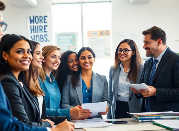 Candidates discussing new hire jobs in a modern office environment, showcasing engagement and professionalism.