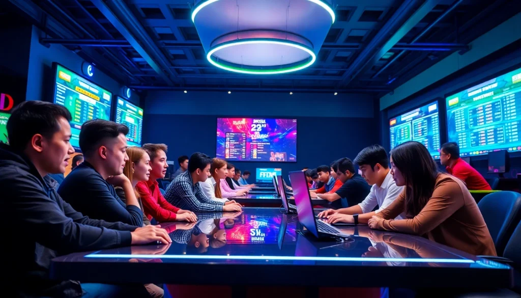 Menampilkan pemain bersemangat yang terlibat dalam bandar togel di arena permainan yang cerah.