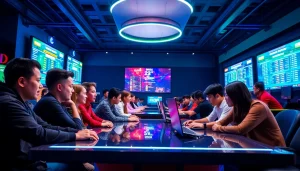 Menampilkan pemain bersemangat yang terlibat dalam bandar togel di arena permainan yang cerah.