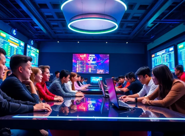 Menampilkan pemain bersemangat yang terlibat dalam bandar togel di arena permainan yang cerah.