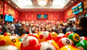 Toto togel yang menarik dengan bola berwarna cerah dan kerumunan peserta yang enerjik.