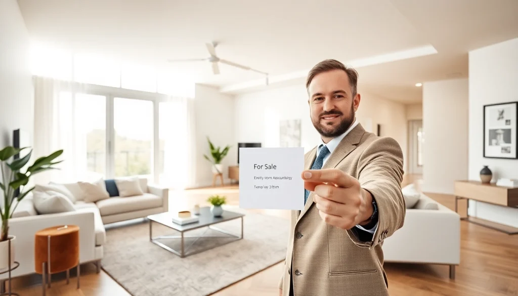 Showcase of a beautiful real estate home with a professional agent in a bright living room.