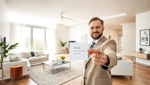 Showcase of a beautiful real estate home with a professional agent in a bright living room.