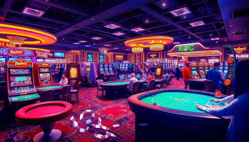 A lively casino scene showcasing tables, cards, and KJC AC 3 promotional elements for an immersive gambling experience.
