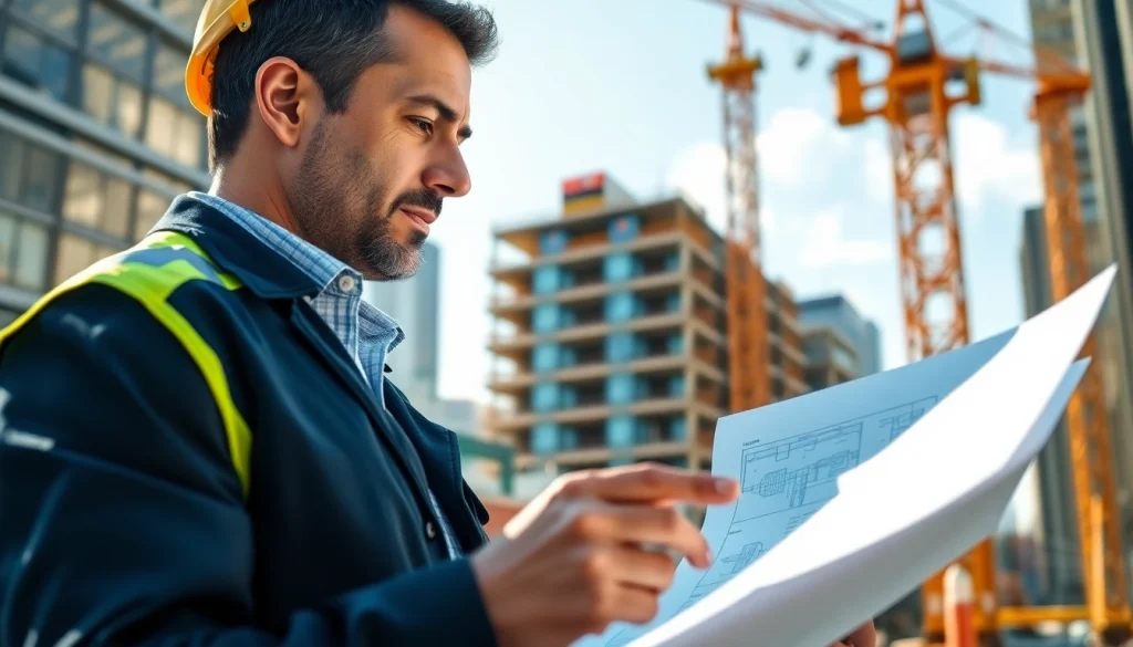 New York City Construction Manager reviewing plans at a construction site in bright sunlight.