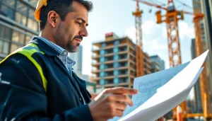 New York City Construction Manager reviewing plans at a construction site in bright sunlight.
